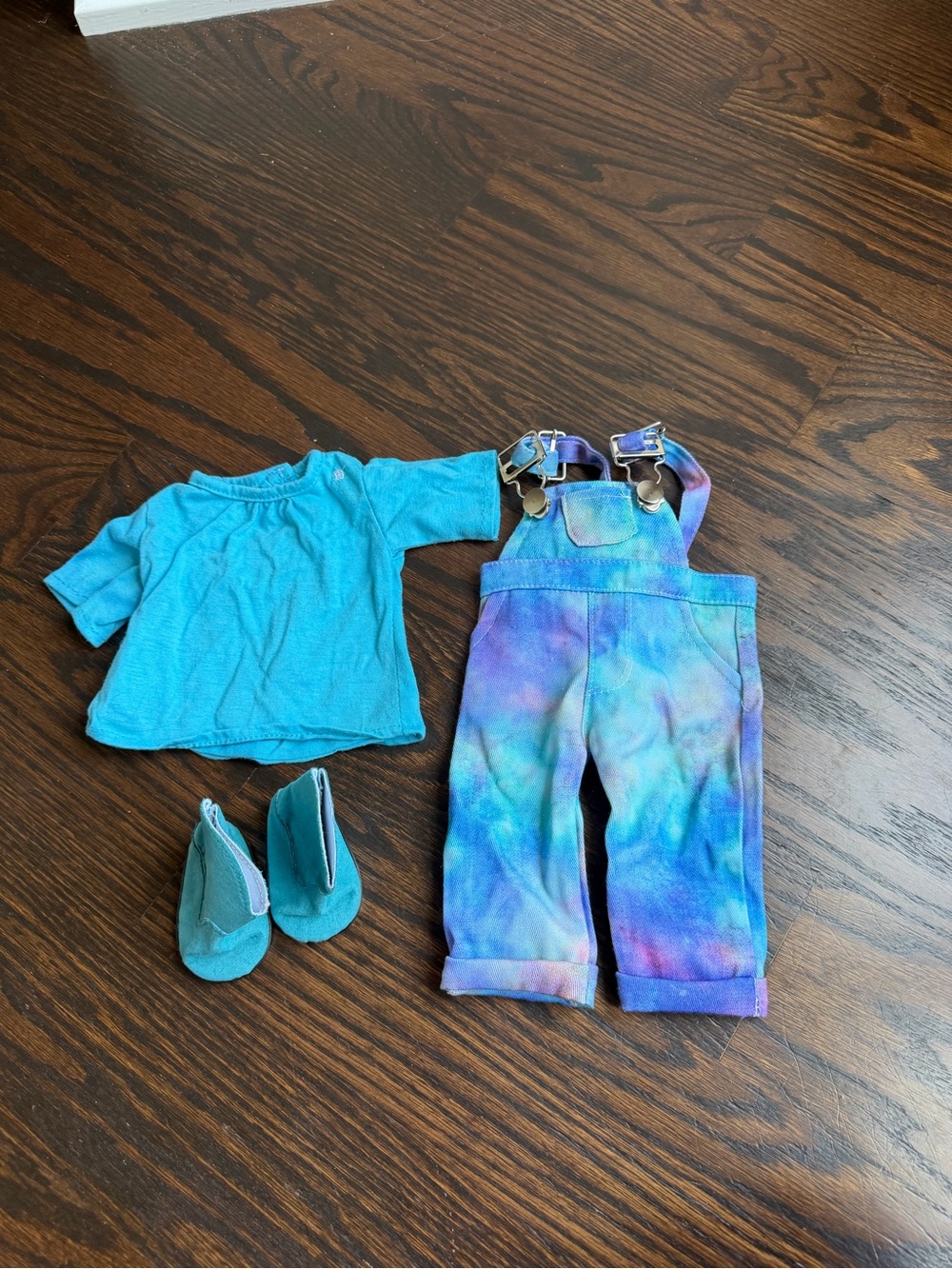 Vintage 18-inch doll Tie-Dye Blue Overalls with Teal Top and Shoes outfit